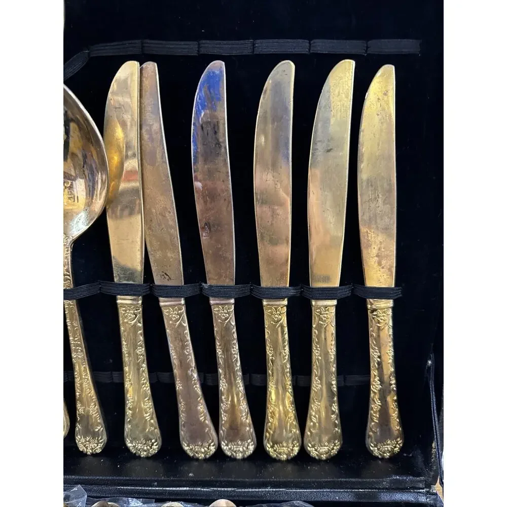 WM Rogers Enchanted Rose Gold Plated Flatware Set 63 Pc Service for 12 Case Vtg